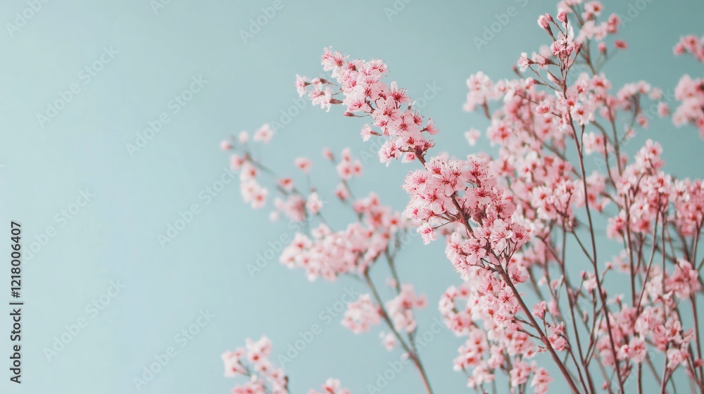 Pink cherry blossom branches blooming on light blue background Pink cherry blossom branches blooming on light blue background