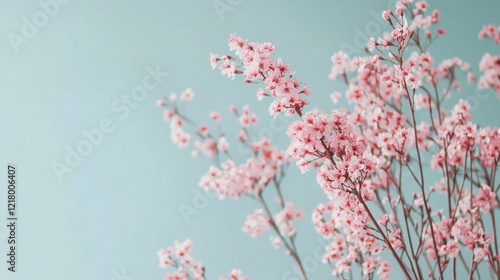 Pink cherry blossom branches blooming on light blue background