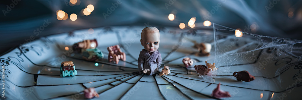 Obraz premium Spooky Halloween Scene Doll Candy Spiderweb on Plate