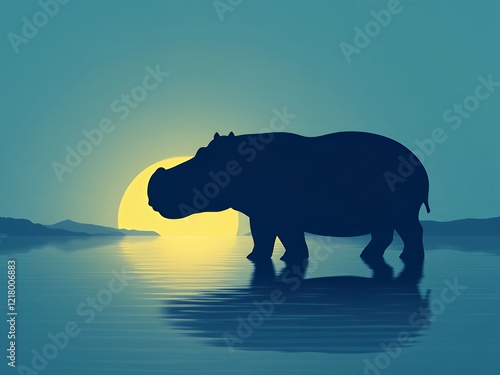 an image of a rhino standing in the water at sunset. photo