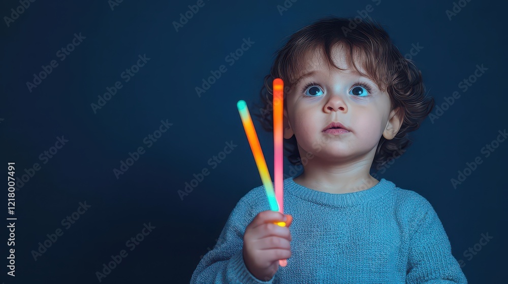A child holding a glow stick in a dark room during a power outage, vibrant and playful, closeup A child holding a glow stick in a dark room during a power outage, vibrant and playful, closeup