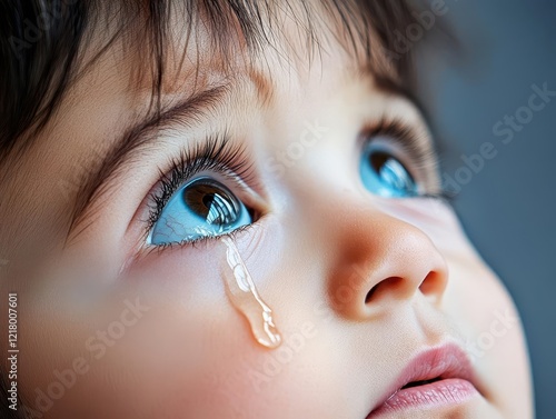 A child s tearfilled eyes looking up in hope, warm and emotional composition photo