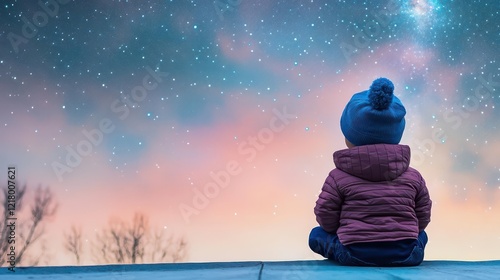 A child sitting on a rooftop gazing at a starfilled sky, nostalgic and warm mood photo