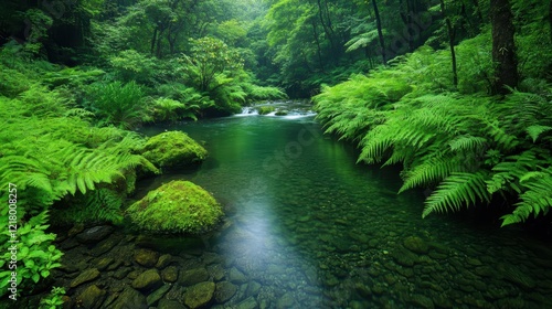 Enchanting Stream Flowing Through Lush Rainforest Surrounded by Vibrant Greenery and Exotic Flora Creating a Tranquil and Serene Nature Scene