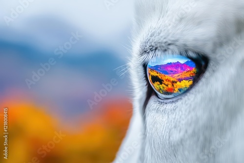 A closeup of a goat s eye reflecting a vibrant mountain landscape, symbolic and artistic photo