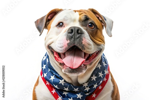 Patriotic American Bulldog in Bandana, Memorial Day, 4th of July, Labor Day Stock Photo