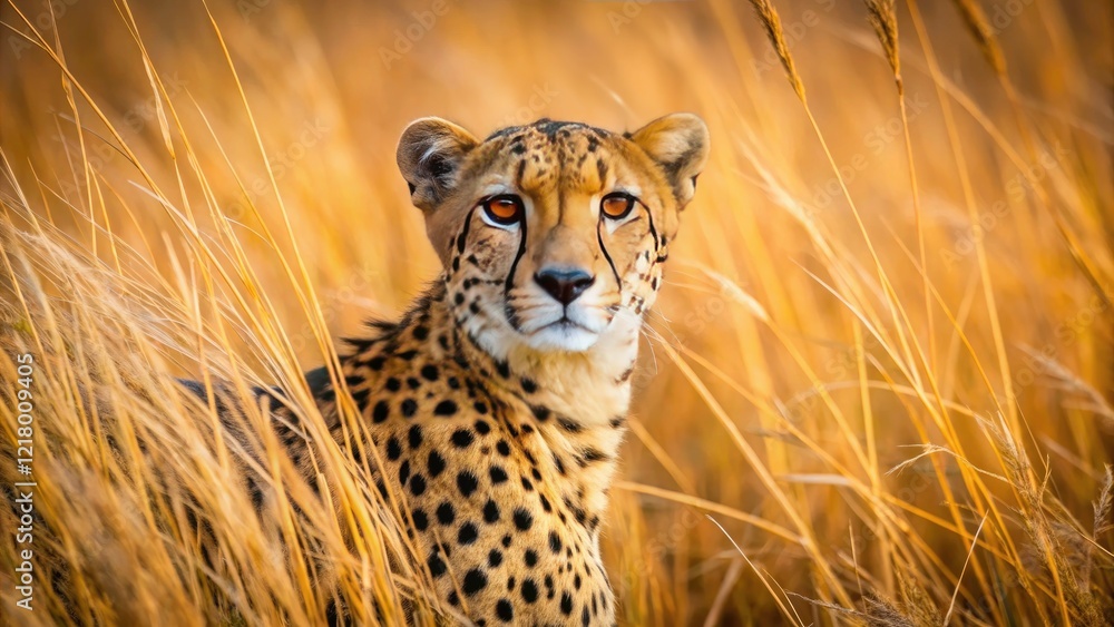 Obraz premium Cheetah Camouflaged in Tall Dry Grass - Nature's Master of Disguise, Wildlife Photography, Animal Behavior, African Savanna, Predator in Habitat, Natural Camouflage, Cheetah in Grassland