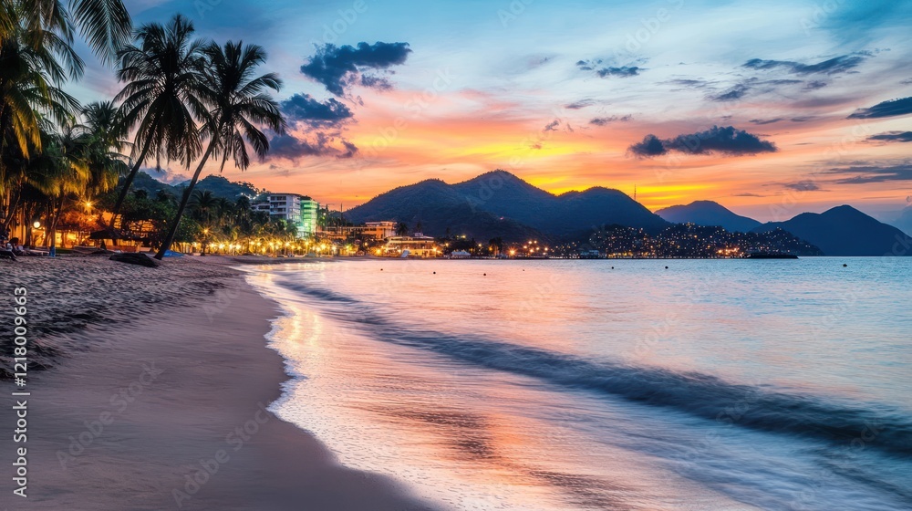 A breathtaking view of a tropical beach at sunset with golden lights illuminating the shore and mountains in the background A breathtaking view of a tropical beach at sunset with golden lights illuminating the shore and mountains in the background