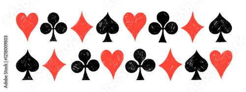 Crayon drawn poker card suits: hearts, clubs, spades and diamonds. Hand drawn vector card suite elements isolated on white background. Red and black playing symbols. Pencil or chalk doodle drawing.