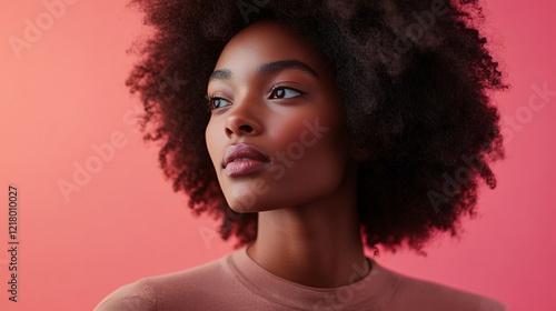 Young black woman with afro hair looking up on pink background