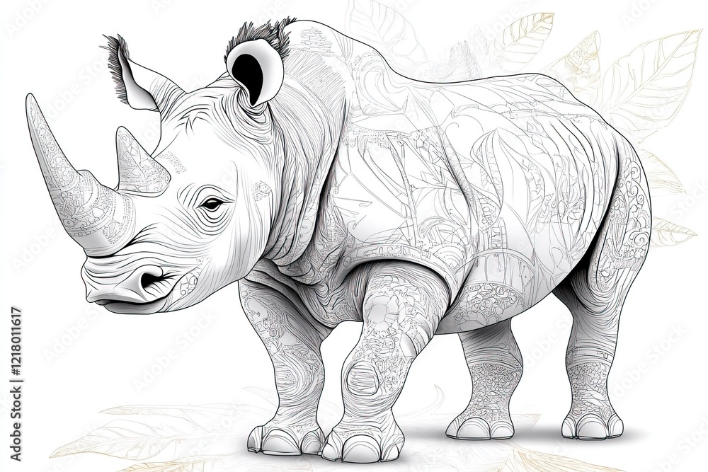 Fototapeta premium This detailed cartoon coloring page features a majestic rhino designed with unique patterns, inviting imagination and artistic enjoyment for all age groups