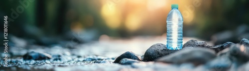 A crystalclear stream with a water bottle resting on a rock, leaving space for ecofriendly branding photo