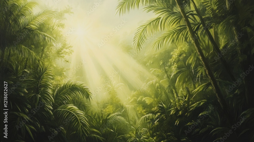 Naklejka premium Sunbeams pierce lush tropical jungle; scenic backdrop