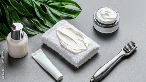 A serene setup featuring shaving cream, a razor, and an aftershave balm