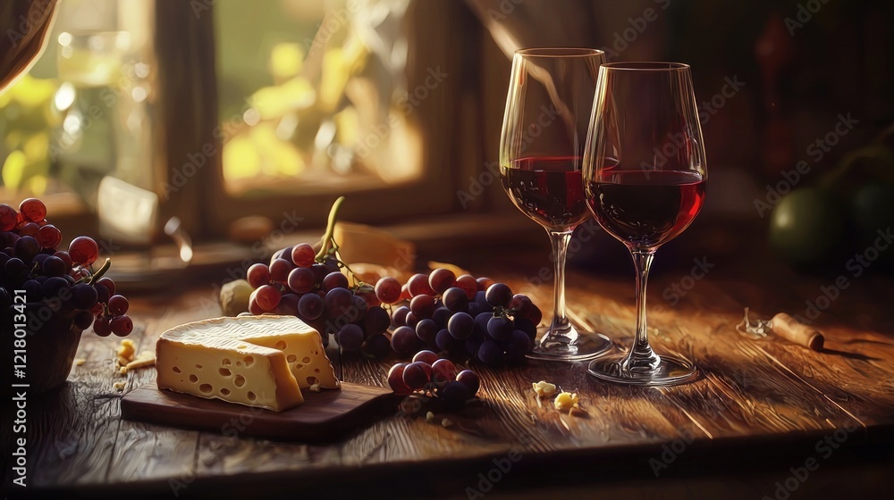 Red wine, cheese, and grapes on wooden table. Red wine, cheese, and grapes on wooden table.