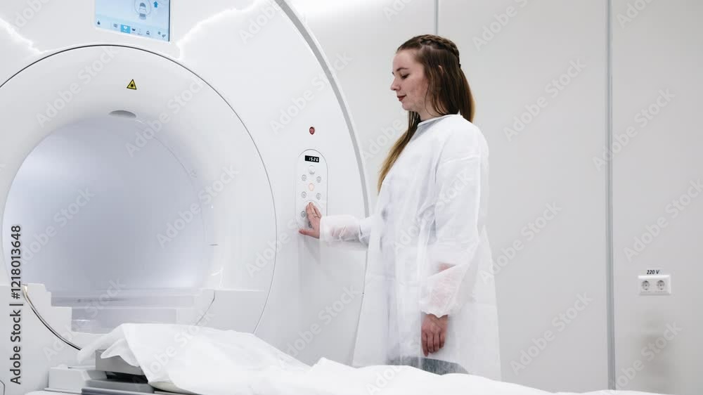 A doctor prepares and adjusts the MRI or CT capsule in a modern diagnostic center. The concept of cutting-edge technologies and precise diagnostics for effective medical care. A doctor prepares and adjusts the MRI or CT capsule in a modern diagnostic center. The concept of cutting-edge technologies and precise diagnostics for effective medical care.