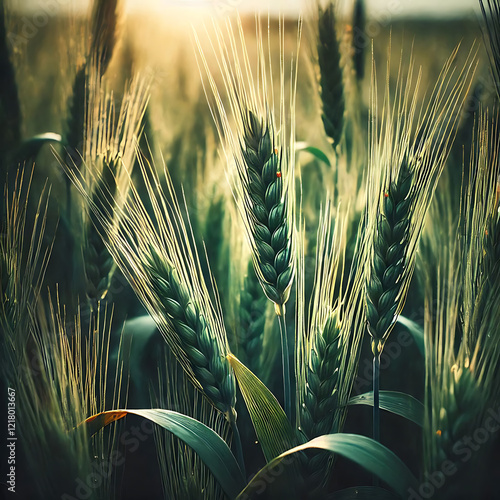 Green barley, wheat ear growing in agricultural field. Green unripe cereals. The concept of agriculture, healthy eating, organic food. Rogaska Slatina,Slovenia, South Styria.
 photo