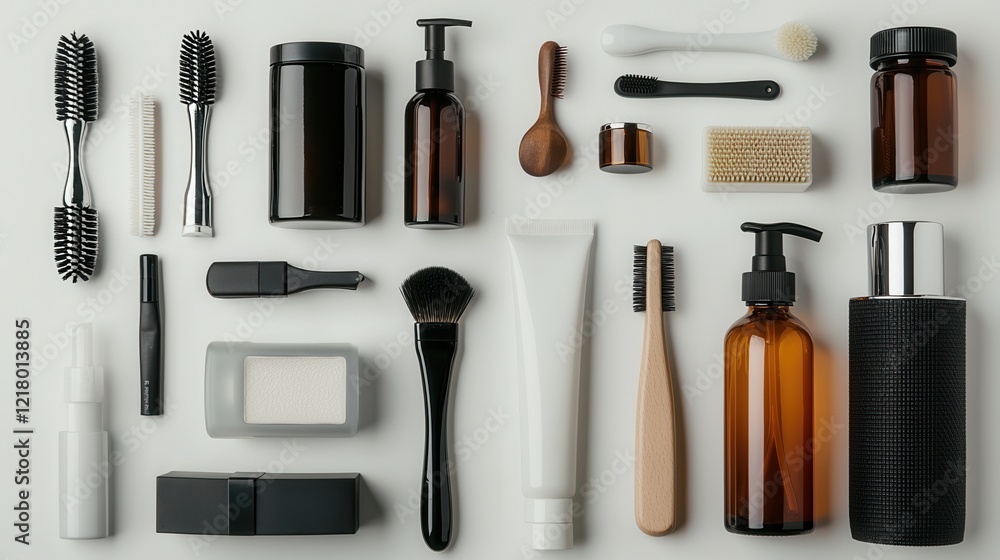 A serene flat lay of eco-friendly men's skincare products and tools A serene flat lay of eco-friendly men's skincare products and tools