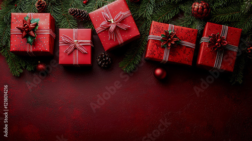 Red Christmas Gifts on Dark Background: Festive Season's Greetings