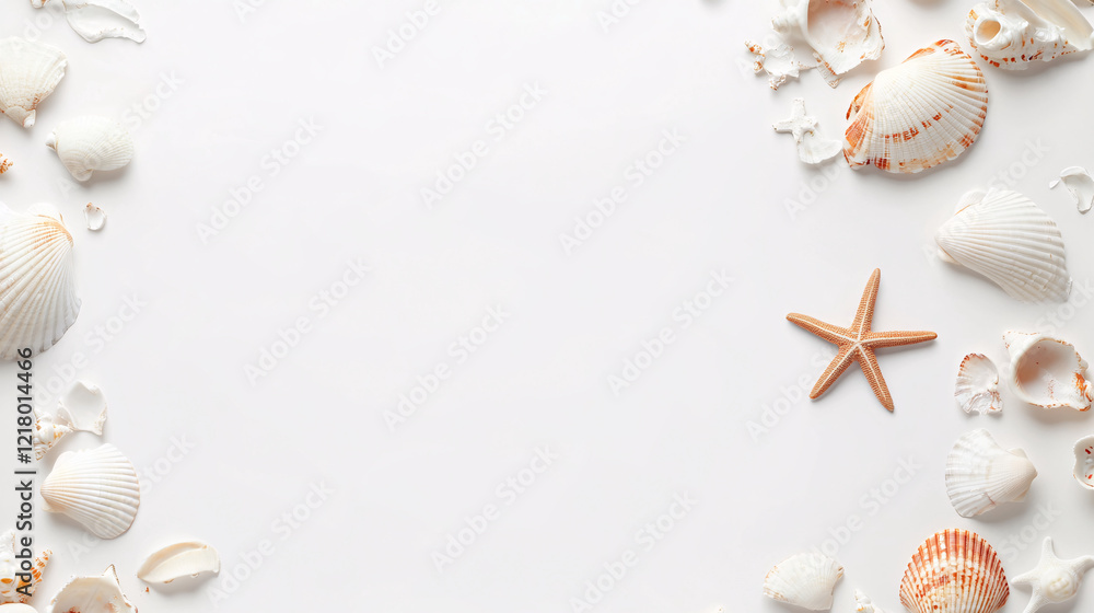white and brown seashells and starfish on white background white and brown seashells and starfish on white background