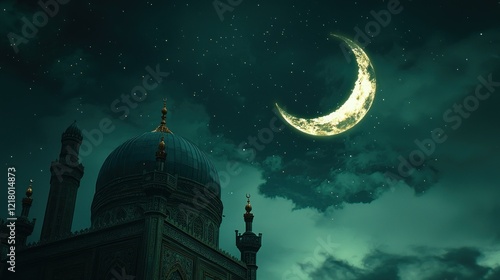 Crescent moon over ornate mosque at night photo