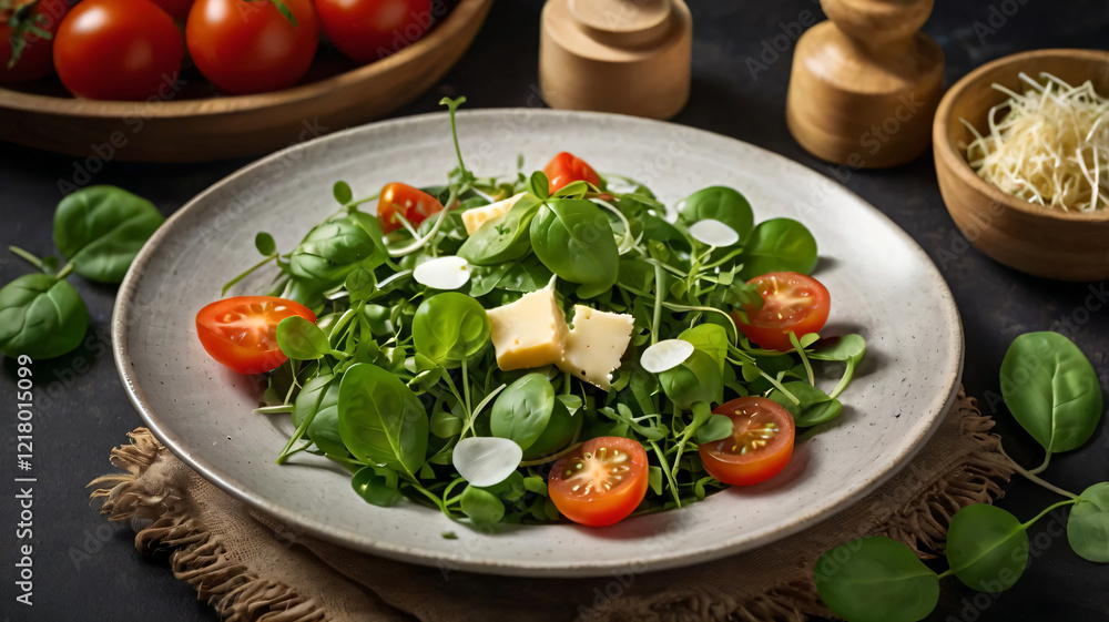 Healthy Watercress salad with tomato and cheese, top view Healthy Watercress salad with tomato and cheese, top view