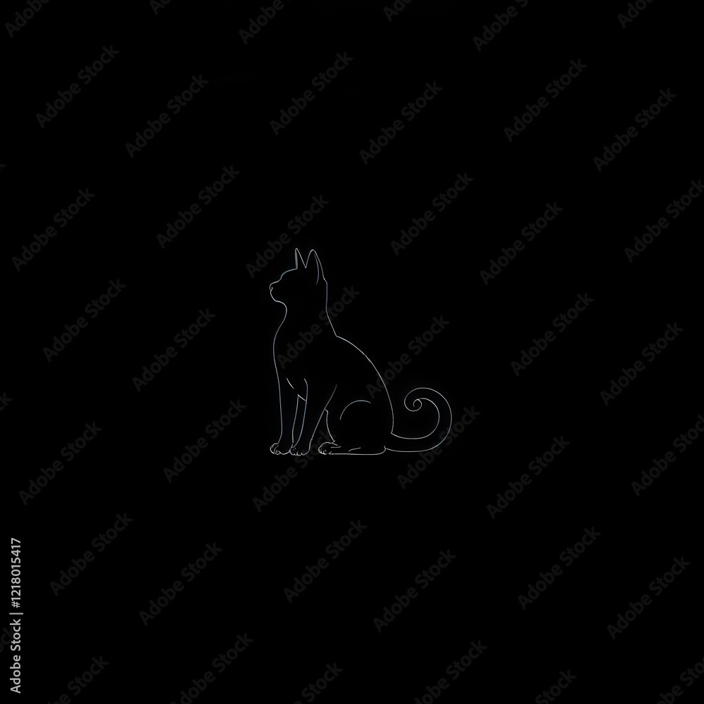 Obraz premium A minimalist line art illustration of a black cat sitting with a curled tail against a solid black background. Simple, elegant design.