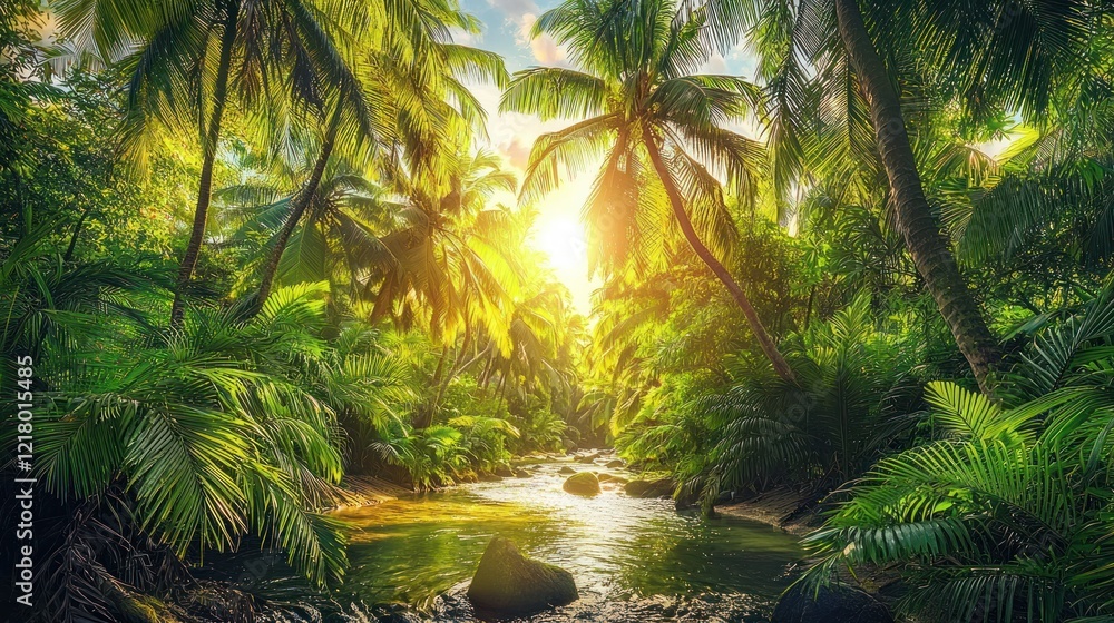Lush tropical rainforest scene with sunlight streaming through palm trees onto a tranquil stream. Lush tropical rainforest scene with sunlight streaming through palm trees onto a tranquil stream.