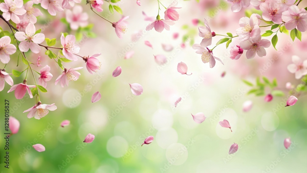 Fototapeta premium Delicate pink sakura petals fall gently on a soft white background amidst subtle greenery and delicate foliage , pink sakura petals falling, green