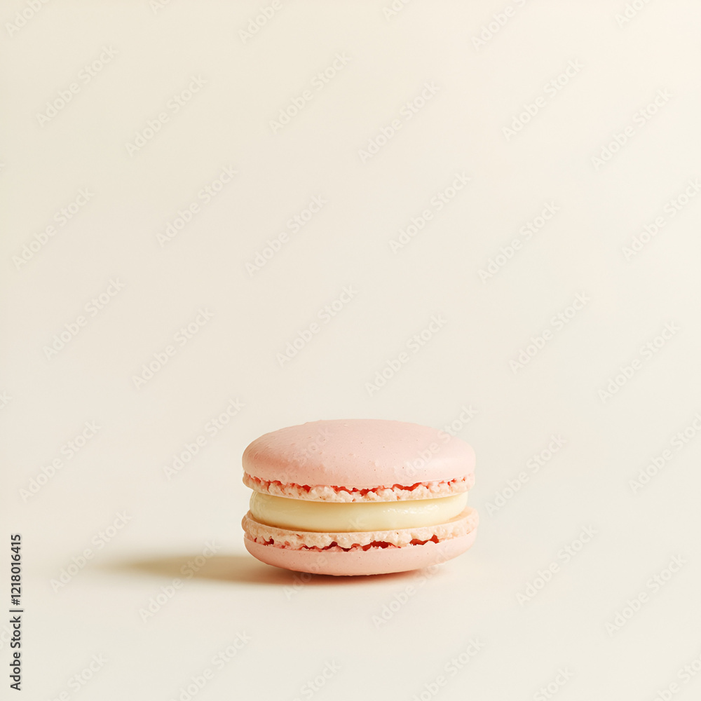 A single pink macaron with creamy filling sits on a light beige background. Delicate and sweet. A single pink macaron with creamy filling sits on a light beige background. Delicate and sweet.