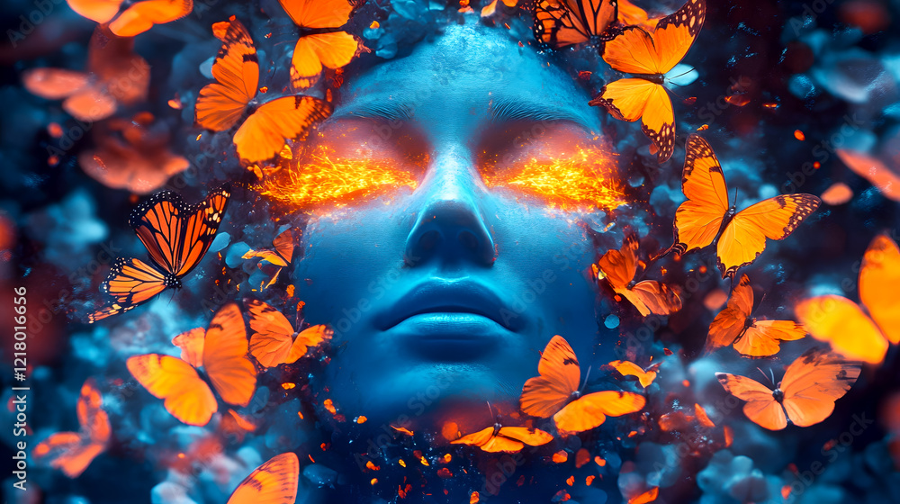 Mystical Woman with Fiery Eyes Surrounded by Butterflies in a Vibrant Dreamlike Environment Mystical Woman with Fiery Eyes Surrounded by Butterflies in a Vibrant Dreamlike Environment