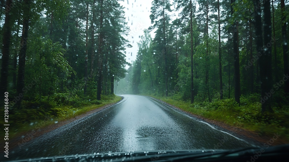 Obraz premium Driving Through a Rainy Forest