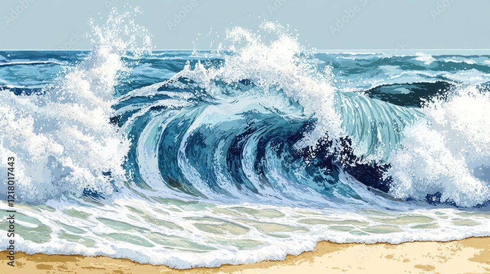 Obraz premium Ocean waves crashing on sandy beach, sunny sky background, summer design