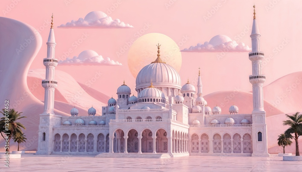 Fototapeta premium Stylized architectural Islamic mosque with multiple domes and minarets the design includes clouds and a sun, arabic background