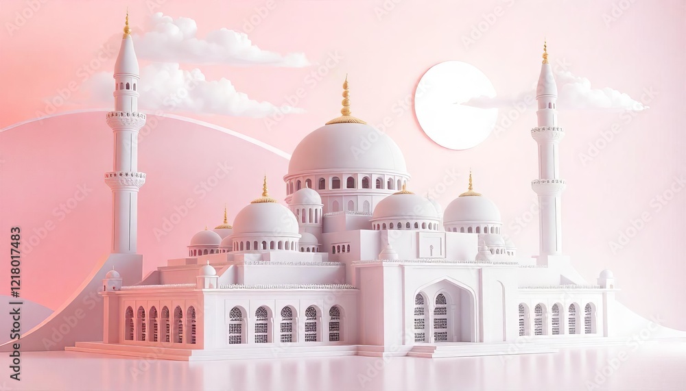 Fototapeta premium Stylized architectural large mosque with multiple domes and minarets the design includes clouds and a sun, Islamic background