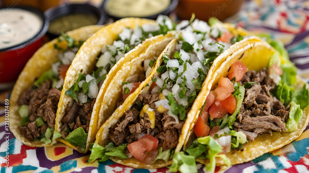 creative flat lay of tacos with beef, lettuce, cheese, and fresh toppings on colorful tablecloth, evoking festive and appetizing atmosphere