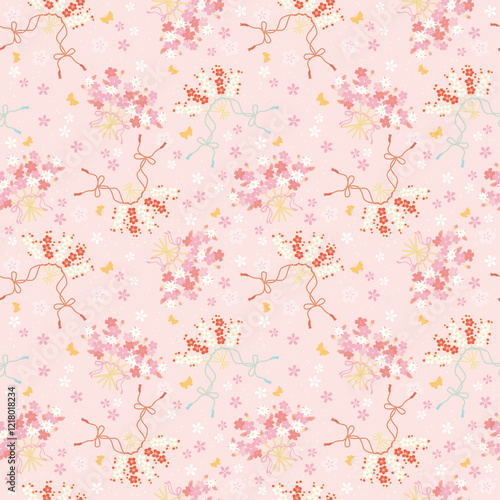 Vector seamless pattern of hand fan decorated with flowers, classic Japanese pattern.