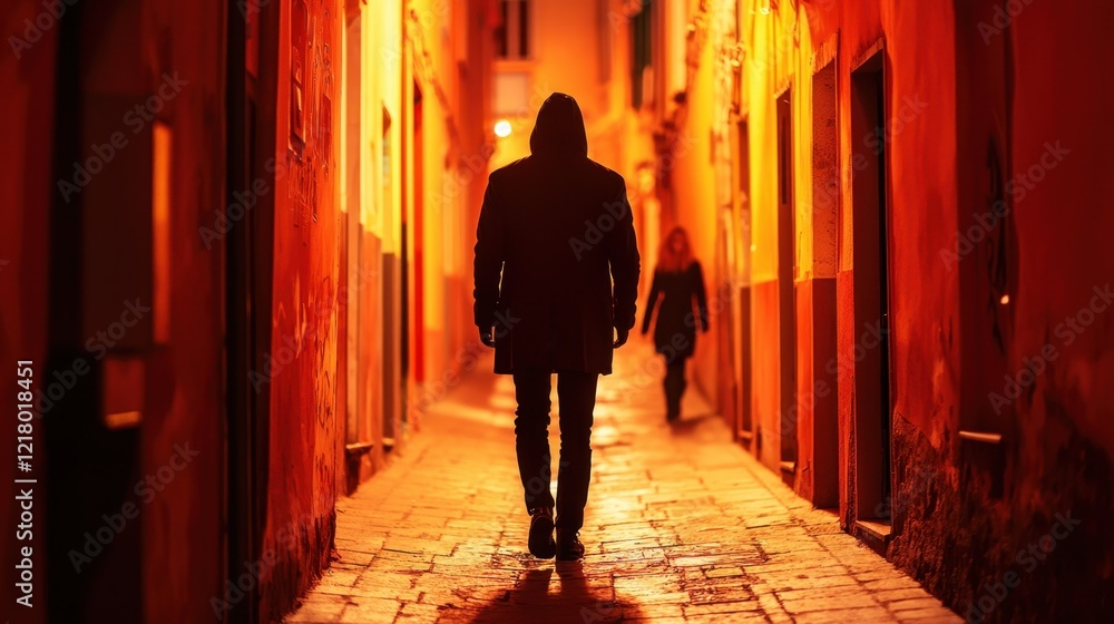 A solitary figure walks down a narrow alley illuminated by warm orange lights, creating a mysterious and atmospheric urban scene. A solitary figure walks down a narrow alley illuminated by warm orange lights, creating a mysterious and atmospheric urban scene.