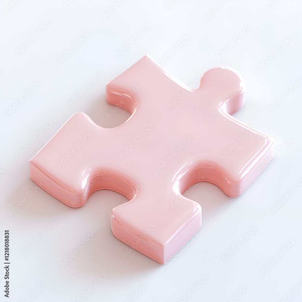 Fototapeta premium Single pink puzzle piece isolated on white background. Glossy, smooth surface. Concept of solutions, connection, and completion.