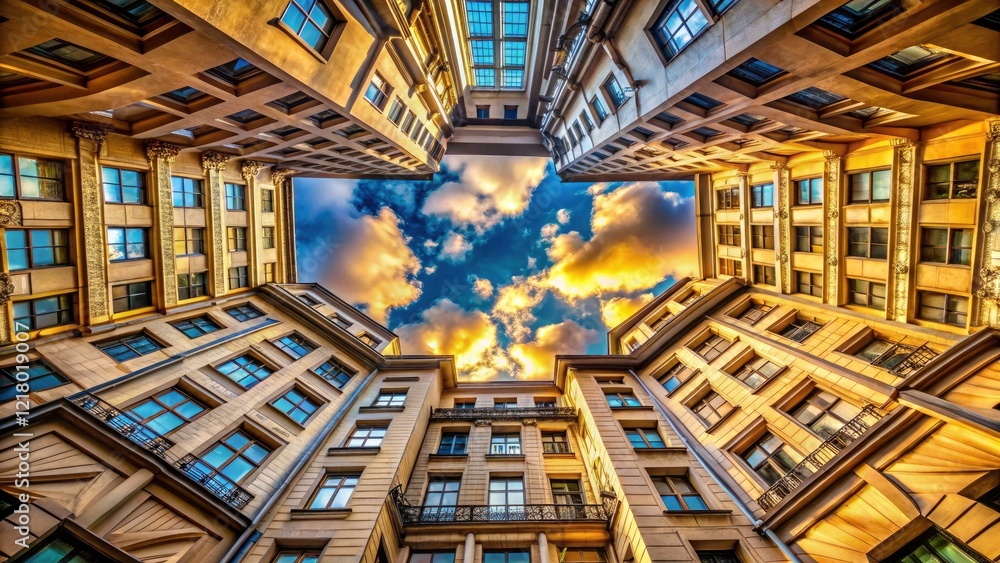 Obraz premium Ground Upward View: Architectural Photography, Skyward Gaze, Building Facade, Cityscape, Upward Perspective