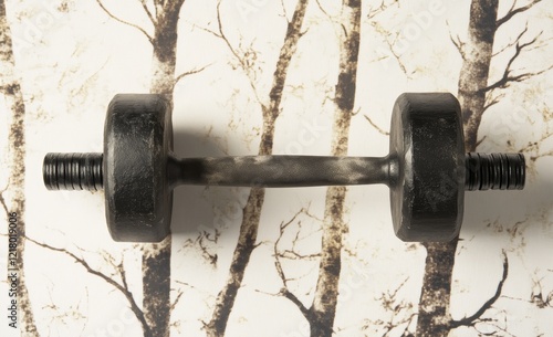 Black dumbbell on birch tree background.