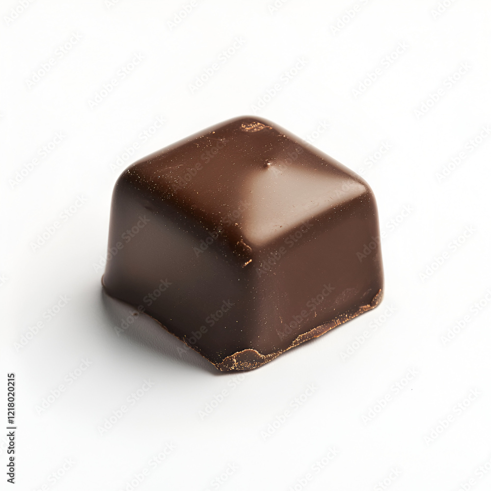 A single, dark chocolate cube rests on a white background. Rich, decadent, and ready to be enjoyed. A single, dark chocolate cube rests on a white background. Rich, decadent, and ready to be enjoyed.