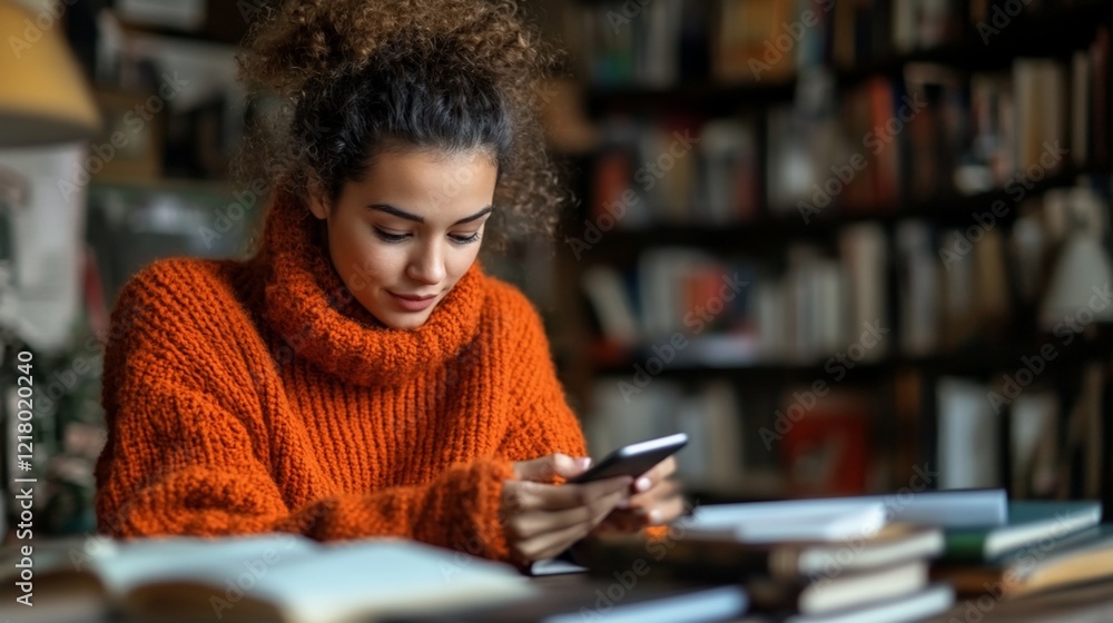 Young Woman Using Phone Surrounded by Books in Cozy Library Setting Young Woman Using Phone Surrounded by Books in Cozy Library Setting