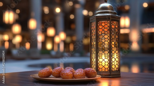 Dates and lantern on table, evening courtyard setting, Ramadan theme photo