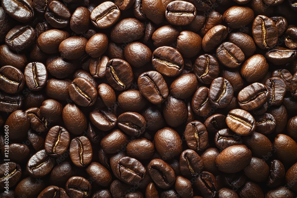 Obraz premium Rich, dark roasted coffee beans fill the frame. Perfect for coffee shop menus, packaging, or any project needing a caffeine boost.