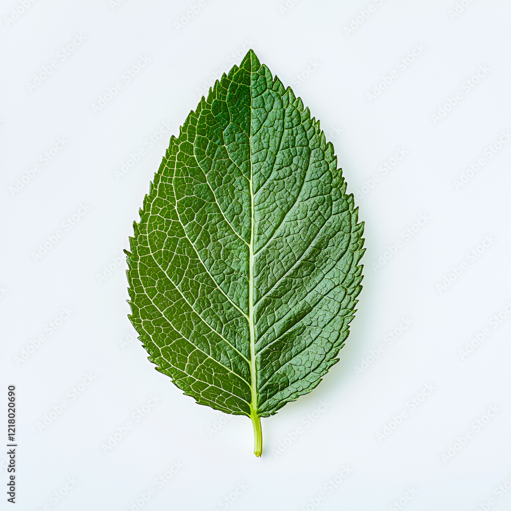 Obraz premium Single green leaf isolated on white background. Detailed texture and vibrant color.