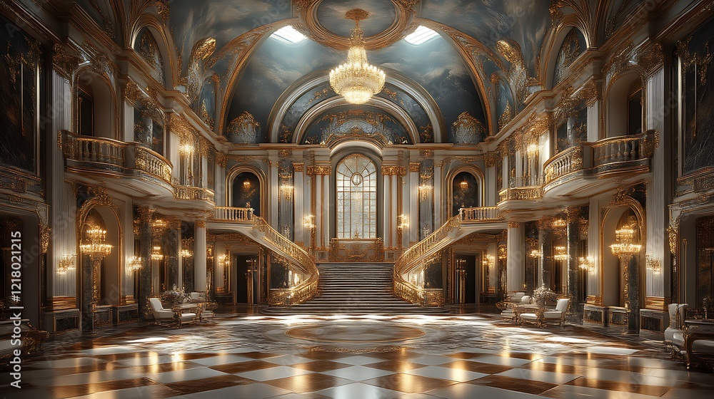 Obraz premium Grand Palace Interior with Elegant Staircase and Chandeliers