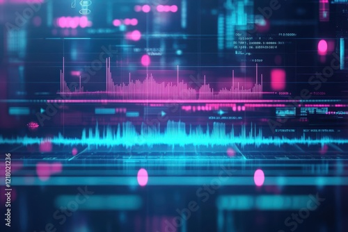 Digital Sound Wave Visualization on Computer Screen with Vibrant Colors and Dynamic Patterns Representing Audio Frequencies and Music Rhythm Dynamics photo