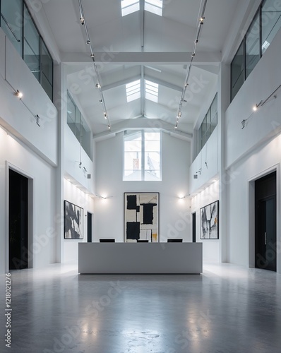 High ceilings stark white walls with spotlights highlighting abstract art a minimalist desk at the entrance