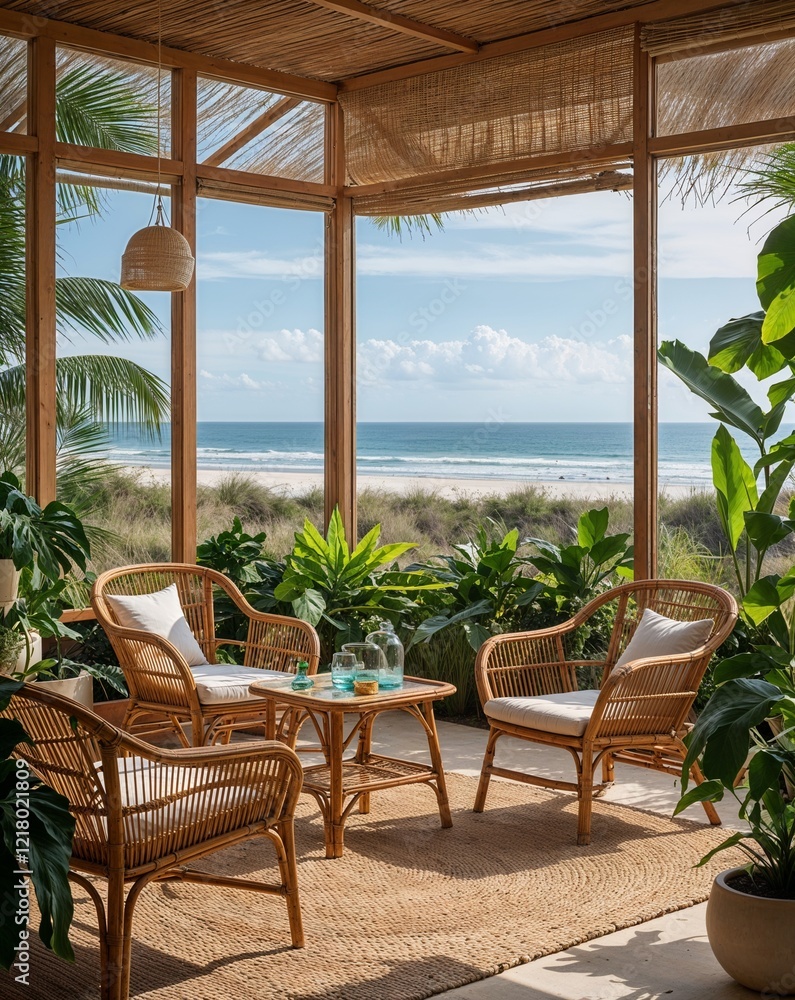 Obraz premium Open to nature with large windows rattan furniture plants everywhere and a view of the beach